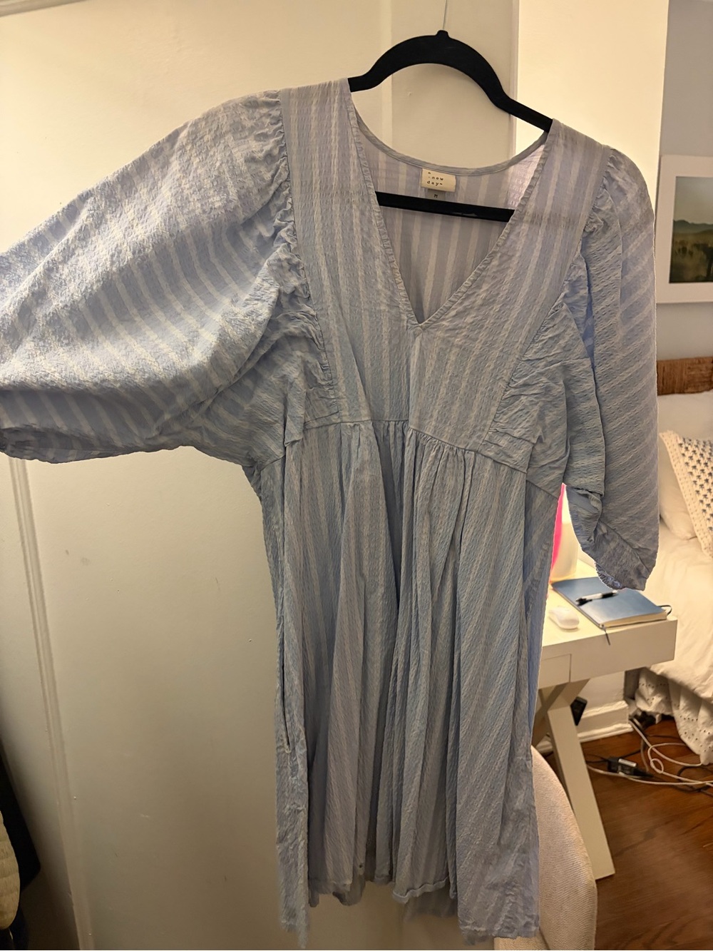 a new day Pale Blue Striped V-Neck Mini Dress